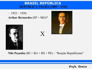 BRASIL REPÚBLICA
Profa. DeniseProfa. Denise
REPÚBLICA VELHA (1889 – 1930)
– 1922 – 1926:
Arthur Bernardes (SP + MG)*
X
Nilo Peçanha (RJ + BA + RS + PE) – “Reação Republicana”
 