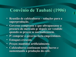 Convênio de Taubaté (1906)Convênio de Taubaté (1906)
• Reunião de cafeicultores – soluções para aReunião de cafeicultores – soluções para a
superprodução.superprodução.
• Governo comprasse o que ultrapassasse aGoverno comprasse o que ultrapassasse a
procura do mercado p/ depois ser vendidoprocura do mercado p/ depois ser vendido
quando os preços se normalizassem.quando os preços se normalizassem.
• P/ comprar o governo fazia empréstimos.P/ comprar o governo fazia empréstimos.
• Estoques crescem.Estoques crescem.
• Preços mantidos artificialmente.Preços mantidos artificialmente.
• Cafeicultores continuam tendo lucros eCafeicultores continuam tendo lucros e
aumentando a produção do café.aumentando a produção do café.
 