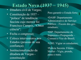 Estado Novo (1937 – 1945)Estado Novo (1937 – 1945)
• Ditadura civil de Vargas;
• Constituição de 1937 –
“polaca” de tendência
fascista cujo mentor foi
Francisco Campos, “Chico
ciência”;
• Fecha o congresso;
• Coloca interventores nos
Estados (pessoas de sua
confiança);
• Institucionalização da
ditadura de Vargas -
constituição
Para garantir o Estada forte:
•DASP: Departamento
Administrativo do Serviço
Público – Fiscais dos gov.
estaduais;
•DIP: Departamento de
Imprensa e Propaganda –
Censura e Voz do Brasil;
•UNE: Vigiar os estudantes;
•Polícia Secreta: Filinto
Muller - Vigia, prende,
pune e mata.
 