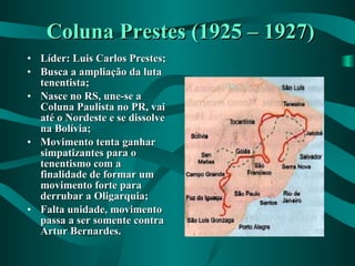 Coluna Prestes (1925 – 1927) Líder: Luis Carlos Prestes; Busca a ampliação da luta tenentista; Nasce no RS, une-se a Coluna Paulista no PR, vai até o Nordeste e se dissolve na Bolívia; Movimento tenta ganhar simpatizantes para o tenentismo com a finalidade de formar um movimento forte para derrubar a Oligarquia; Falta unidade, movimento passa a ser somente contra Artur Bernardes. 