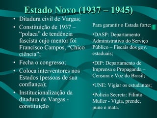 Estado Novo (1937 – 1945) Ditadura civil de Vargas; Constituição de 1937 – “polaca” de tendência fascista cujo mentor foi Francisco Campos, “Chico ciência”; Fecha o congresso; Coloca interventores nos Estados (pessoas de sua confiança); Institucionalização da ditadura de Vargas - constituição  Para garantir o Estada forte: DASP: Departamento Administrativo do Serviço Público – Fiscais dos gov. estaduais; DIP: Departamento de Imprensa e Propaganda – Censura e Voz do Brasil; UNE: Vigiar os estudantes; Polícia Secreta: Filinto Muller - Vigia, prende, pune e mata. 