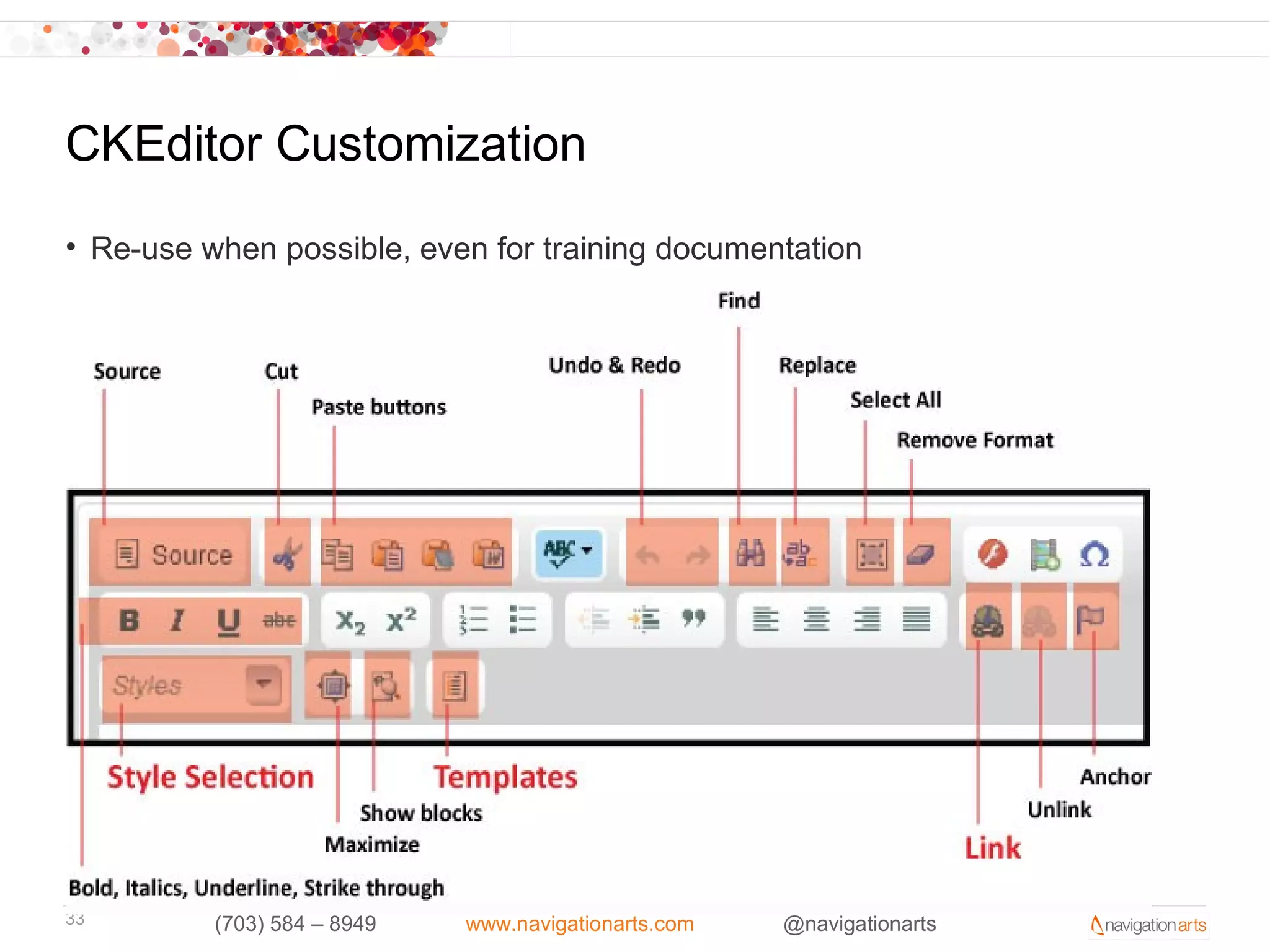 CKEditor Customization
• Re-use when possible, even for training documentation




33        (703) 584 – 8949   www.navigationarts.com   @navigationarts
 