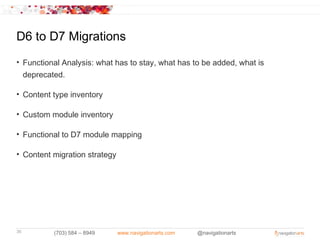 D6 to D7 Migrations
• Functional Analysis: what has to stay, what has to be added, what is
  deprecated.

• Content type inventory

• Custom module inventory

• Functional to D7 module mapping

• Content migration strategy




36        (703) 584 – 8949     www.navigationarts.com   @navigationarts
 