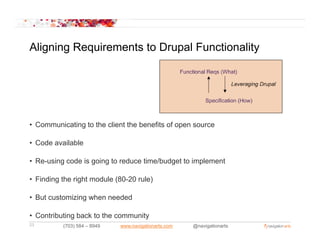 Aligning Requirements to Drupal Functionality




• Communicating to the client the benefits of open source

• Code available

• Re-using code is going to reduce time/budget to implement

• Finding the right module (80-20 rule)

• But customizing when needed
                g

• Contributing back to the community
23        (703) 584 – 8949   www.navigationarts.com   @navigationarts
 