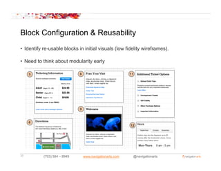 Block Configuration & Reusability
• Identify re-usable blocks in initial visuals (low fidelity wireframes).

• Need to think about modularity early




35         (703) 584 – 8949   www.navigationarts.com   @navigationarts
 