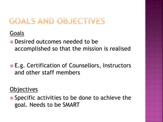 Goals
 Desired outcomes needed to be
accomplished so that the mission is realised
 E.g. Certification of Counsellors, Instructors
and other staff members
Objectives
 Specific activities to be done to achieve the
goal. Needs to be SMART
 