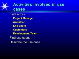 Activities involved in use
  cases
Find actors
  Project Manager
  Architect
  End-users
  Customers
  Development Team
Find use cases
Describe the use case.
 