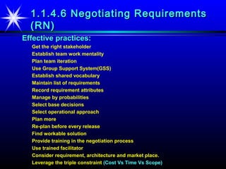 1.1.4.6 Negotiating Requirements
  (RN)
Effective practices:
  Get the right stakeholder
  Establish team work mentality
  Plan team iteration
  Use Group Support System(GSS)
  Establish shared vocabulary
  Maintain list of requirements
  Record requirement attributes
  Manage by probabilities
  Select base decisions
  Select operational approach
  Plan more
  Re-plan before every release
  Find workable solution
  Provide training in the negotiation process
  Use trained facilitator
  Consider requirement, architecture and market place.
  Leverage the triple constraint (Cost Vs Time Vs Scope)
 