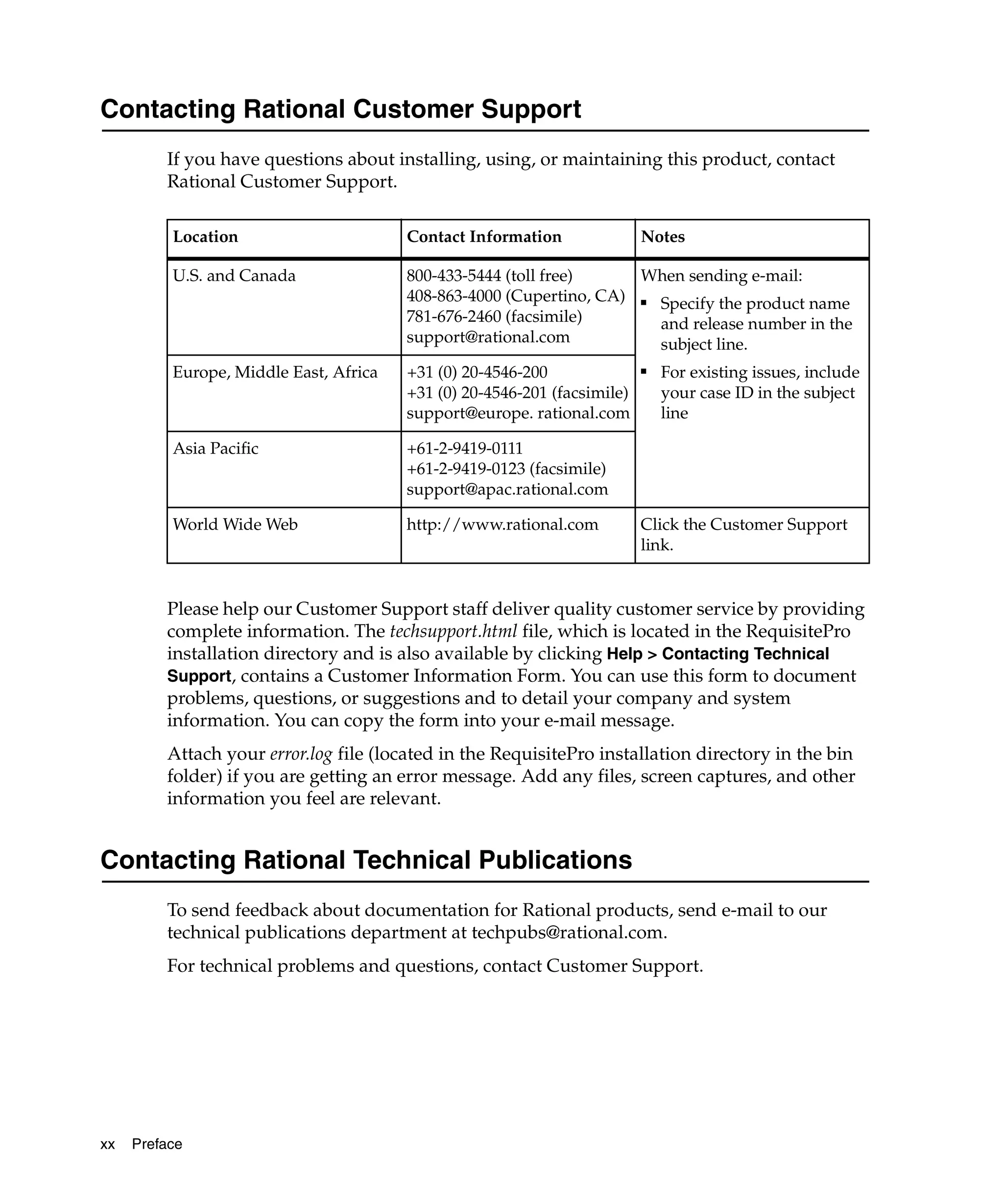 Contacting Rational Customer Support
         If you have questions about installing, using, or maintaining this product, contact
         Rational Customer Support.

          Location                      Contact Information               Notes

          U.S. and Canada               800-433-5444 (toll free)     When sending e-mail:
                                        408-863-4000 (Cupertino, CA) ■ Specify the product name
                                        781-676-2460 (facsimile)       and release number in the
                                        support@rational.com           subject line.
          Europe, Middle East, Africa   +31 (0) 20-4546-200               ■
                                                                              For existing issues, include
                                        +31 (0) 20-4546-201 (facsimile)       your case ID in the subject
                                        support@europe. rational.com          line

          Asia Pacific                  +61-2-9419-0111
                                        +61-2-9419-0123 (facsimile)
                                        support@apac.rational.com

          World Wide Web                http://www.rational.com           Click the Customer Support
                                                                          link.


         Please help our Customer Support staff deliver quality customer service by providing
         complete information. The techsupport.html file, which is located in the RequisitePro
         installation directory and is also available by clicking Help > Contacting Technical
         Support, contains a Customer Information Form. You can use this form to document
         problems, questions, or suggestions and to detail your company and system
         information. You can copy the form into your e-mail message.
         Attach your error.log file (located in the RequisitePro installation directory in the bin
         folder) if you are getting an error message. Add any files, screen captures, and other
         information you feel are relevant.


Contacting Rational Technical Publications
         To send feedback about documentation for Rational products, send e-mail to our
         technical publications department at techpubs@rational.com.
         For technical problems and questions, contact Customer Support.




xx   Preface
 
