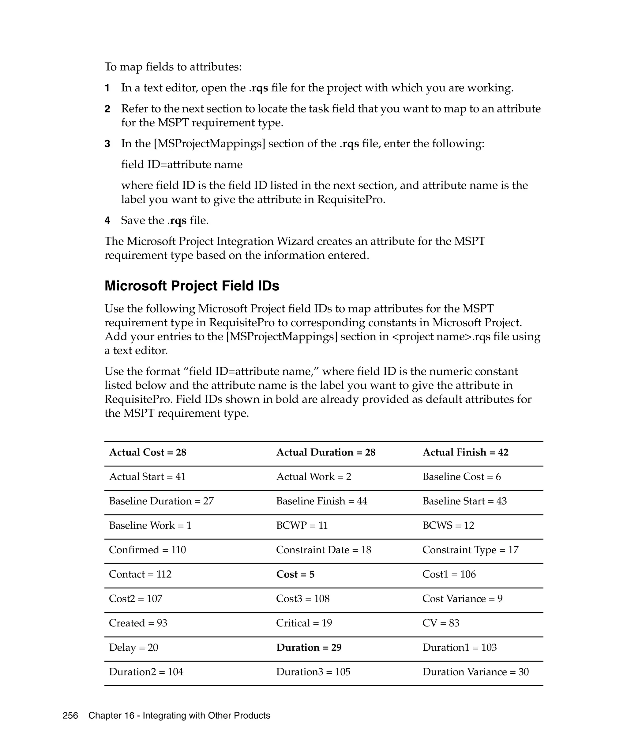 To map fields to attributes:
         1   In a text editor, open the .rqs file for the project with which you are working.
         2   Refer to the next section to locate the task field that you want to map to an attribute
             for the MSPT requirement type.
         3   In the [MSProjectMappings] section of the .rqs file, enter the following:
             field ID=attribute name
             where field ID is the field ID listed in the next section, and attribute name is the
             label you want to give the attribute in RequisitePro.
         4   Save the .rqs file.
         The Microsoft Project Integration Wizard creates an attribute for the MSPT
         requirement type based on the information entered.

         Microsoft Project Field IDs
         Use the following Microsoft Project field IDs to map attributes for the MSPT
         requirement type in RequisitePro to corresponding constants in Microsoft Project.
         Add your entries to the [MSProjectMappings] section in <project name>.rqs file using
         a text editor.
         Use the format “field ID=attribute name,” where field ID is the numeric constant
         listed below and the attribute name is the label you want to give the attribute in
         RequisitePro. Field IDs shown in bold are already provided as default attributes for
         the MSPT requirement type.


          Actual Cost = 28                           Actual Duration = 28   Actual Finish = 42

          Actual Start = 41                          Actual Work = 2        Baseline Cost = 6

          Baseline Duration = 27                     Baseline Finish = 44   Baseline Start = 43

          Baseline Work = 1                          BCWP = 11              BCWS = 12

          Confirmed = 110                            Constraint Date = 18   Constraint Type = 17

          Contact = 112                              Cost = 5               Cost1 = 106

          Cost2 = 107                                Cost3 = 108            Cost Variance = 9

          Created = 93                               Critical = 19          CV = 83

          Delay = 20                                 Duration = 29          Duration1 = 103

          Duration2 = 104                            Duration3 = 105        Duration Variance = 30



256   Chapter 16 - Integrating with Other Products
 