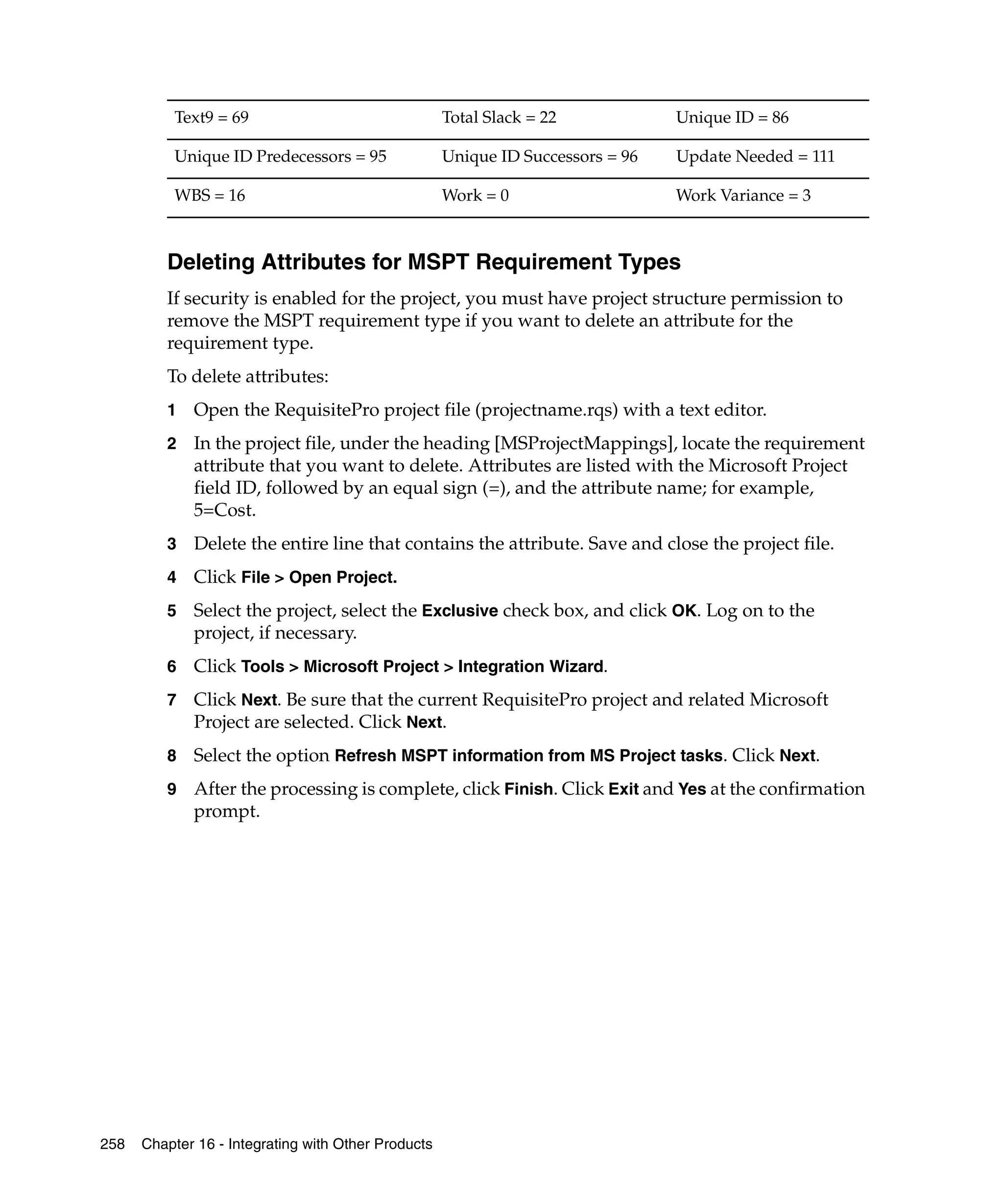 Text9 = 69                                 Total Slack = 22            Unique ID = 86

          Unique ID Predecessors = 95                Unique ID Successors = 96   Update Needed = 111

          WBS = 16                                   Work = 0                    Work Variance = 3



         Deleting Attributes for MSPT Requirement Types
         If security is enabled for the project, you must have project structure permission to
         remove the MSPT requirement type if you want to delete an attribute for the
         requirement type.
         To delete attributes:
         1   Open the RequisitePro project file (projectname.rqs) with a text editor.
         2   In the project file, under the heading [MSProjectMappings], locate the requirement
             attribute that you want to delete. Attributes are listed with the Microsoft Project
             field ID, followed by an equal sign (=), and the attribute name; for example,
             5=Cost.
         3   Delete the entire line that contains the attribute. Save and close the project file.
         4   Click File > Open Project.
         5   Select the project, select the Exclusive check box, and click OK. Log on to the
             project, if necessary.
         6   Click Tools > Microsoft Project > Integration Wizard.
         7   Click Next. Be sure that the current RequisitePro project and related Microsoft
             Project are selected. Click Next.
         8   Select the option Refresh MSPT information from MS Project tasks. Click Next.
         9   After the processing is complete, click Finish. Click Exit and Yes at the confirmation
             prompt.




258   Chapter 16 - Integrating with Other Products
 
