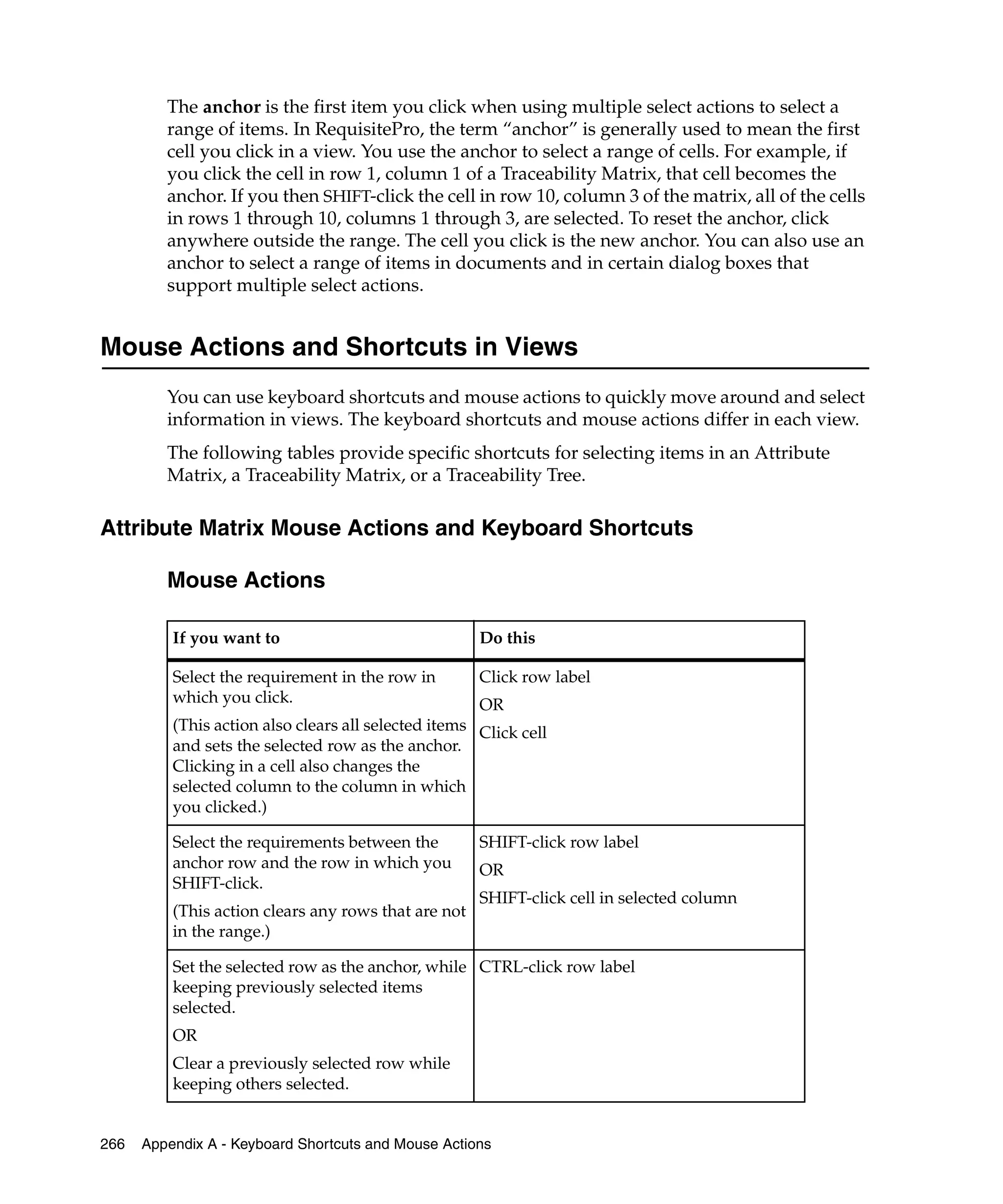 The anchor is the first item you click when using multiple select actions to select a
         range of items. In RequisitePro, the term “anchor” is generally used to mean the first
         cell you click in a view. You use the anchor to select a range of cells. For example, if
         you click the cell in row 1, column 1 of a Traceability Matrix, that cell becomes the
         anchor. If you then SHIFT-click the cell in row 10, column 3 of the matrix, all of the cells
         in rows 1 through 10, columns 1 through 3, are selected. To reset the anchor, click
         anywhere outside the range. The cell you click is the new anchor. You can also use an
         anchor to select a range of items in documents and in certain dialog boxes that
         support multiple select actions.


Mouse Actions and Shortcuts in Views
         You can use keyboard shortcuts and mouse actions to quickly move around and select
         information in views. The keyboard shortcuts and mouse actions differ in each view.
         The following tables provide specific shortcuts for selecting items in an Attribute
         Matrix, a Traceability Matrix, or a Traceability Tree.

Attribute Matrix Mouse Actions and Keyboard Shortcuts

         Mouse Actions

          If you want to                              Do this

          Select the requirement in the row in        Click row label
          which you click.                            OR
          (This action also clears all selected items Click cell
          and sets the selected row as the anchor.
          Clicking in a cell also changes the
          selected column to the column in which
          you clicked.)

          Select the requirements between the         SHIFT-click row label
          anchor row and the row in which you         OR
          SHIFT-click.
                                                      SHIFT-click cell in selected column
          (This action clears any rows that are not
          in the range.)

          Set the selected row as the anchor, while CTRL-click row label
          keeping previously selected items
          selected.
          OR
          Clear a previously selected row while
          keeping others selected.


266   Appendix A - Keyboard Shortcuts and Mouse Actions
 