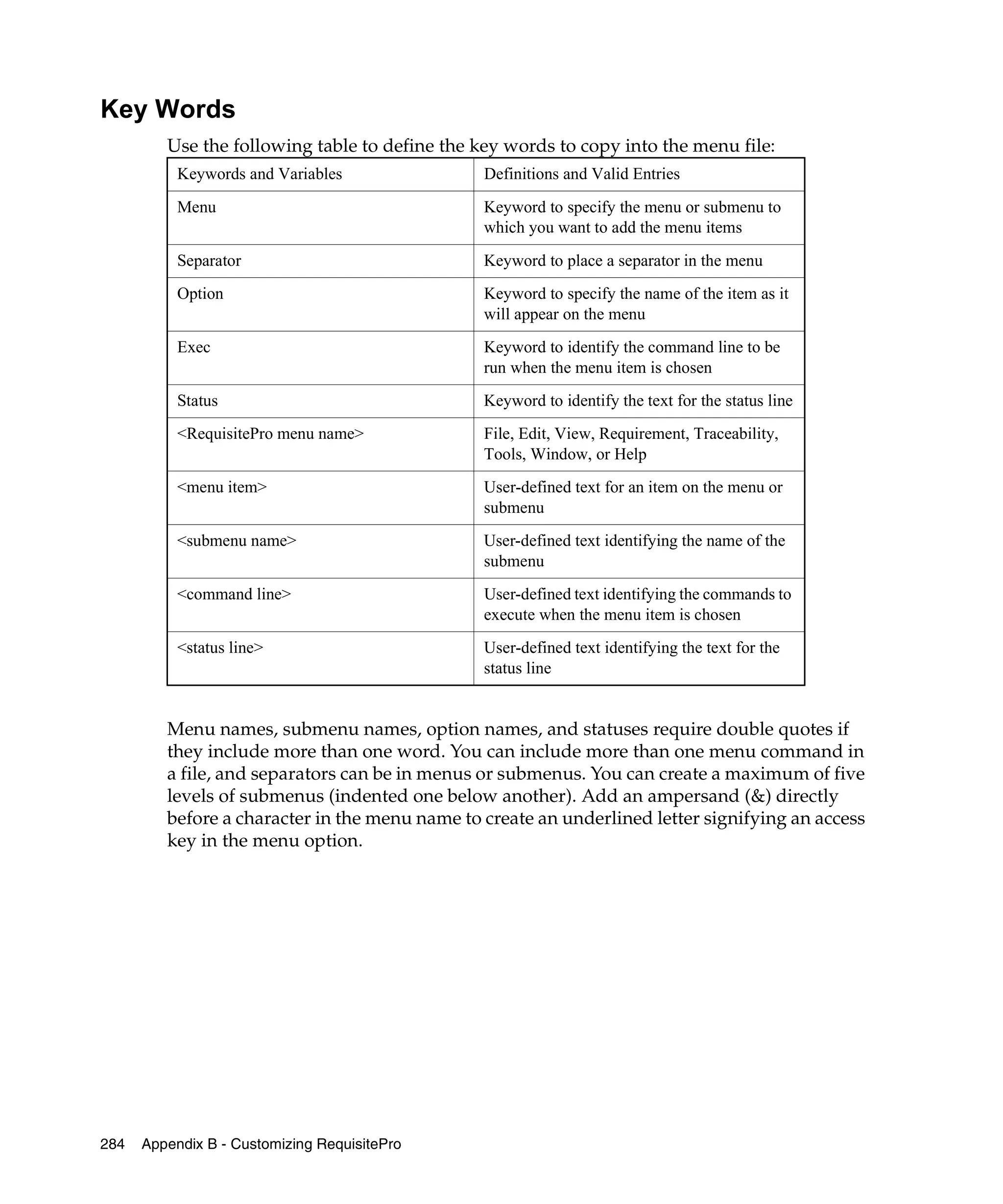 Key Words
         Use the following table to define the key words to copy into the menu file:
           Keywords and Variables               Definitions and Valid Entries
           Menu                                 Keyword to specify the menu or submenu to
                                                which you want to add the menu items
           Separator                            Keyword to place a separator in the menu
           Option                               Keyword to specify the name of the item as it
                                                will appear on the menu
           Exec                                 Keyword to identify the command line to be
                                                run when the menu item is chosen
           Status                               Keyword to identify the text for the status line
           <RequisitePro menu name>             File, Edit, View, Requirement, Traceability,
                                                Tools, Window, or Help
           <menu item>                          User-defined text for an item on the menu or
                                                submenu
           <submenu name>                       User-defined text identifying the name of the
                                                submenu
           <command line>                       User-defined text identifying the commands to
                                                execute when the menu item is chosen
           <status line>                        User-defined text identifying the text for the
                                                status line


         Menu names, submenu names, option names, and statuses require double quotes if
         they include more than one word. You can include more than one menu command in
         a file, and separators can be in menus or submenus. You can create a maximum of five
         levels of submenus (indented one below another). Add an ampersand (&) directly
         before a character in the menu name to create an underlined letter signifying an access
         key in the menu option.




284   Appendix B - Customizing RequisitePro
 