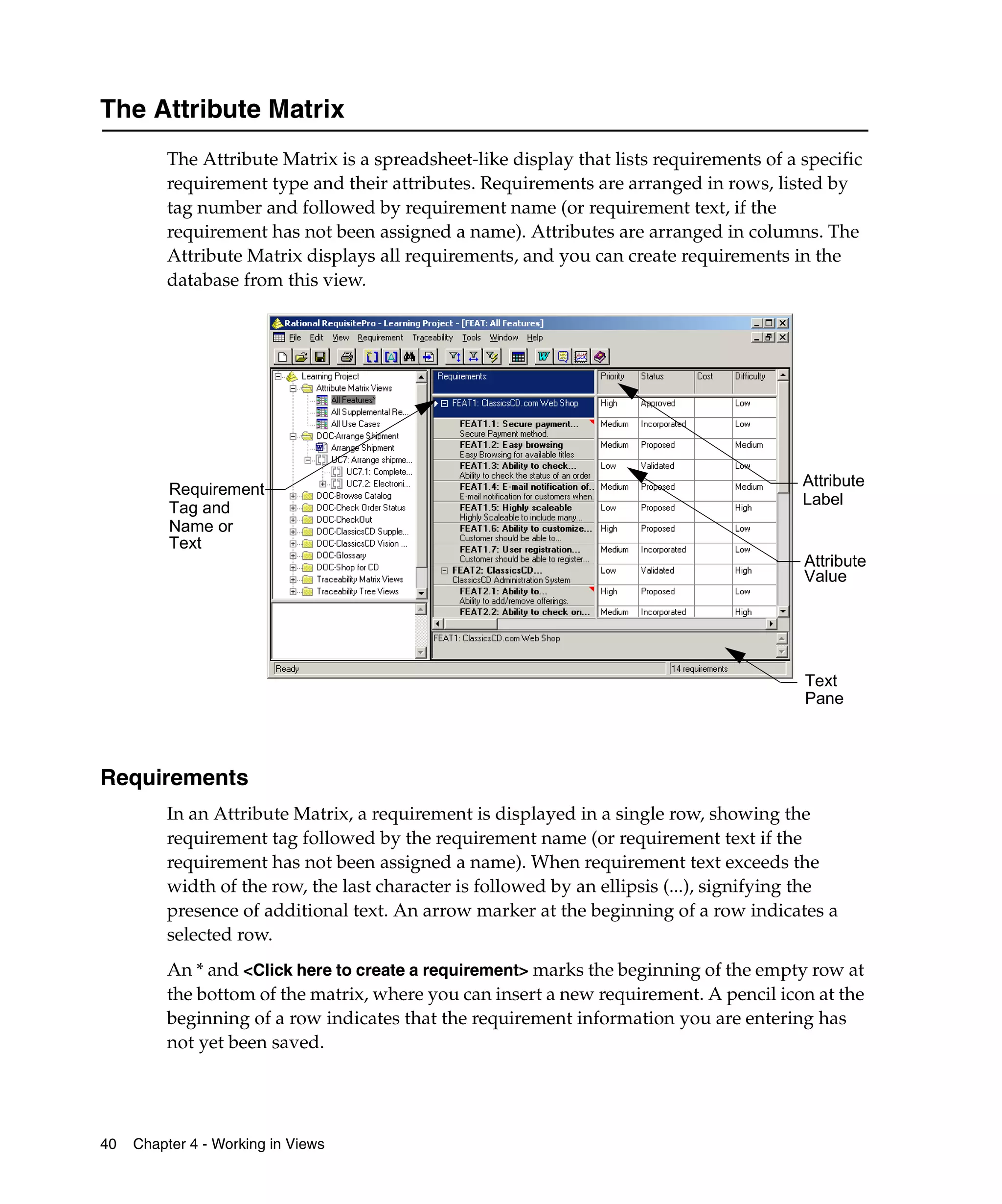 The Attribute Matrix
         The Attribute Matrix is a spreadsheet-like display that lists requirements of a specific
         requirement type and their attributes. Requirements are arranged in rows, listed by
         tag number and followed by requirement name (or requirement text, if the
         requirement has not been assigned a name). Attributes are arranged in columns. The
         Attribute Matrix displays all requirements, and you can create requirements in the
         database from this view.




                                                                                         Attribute
          Requirement
                                                                                         Label
          Tag and
          Name or
          Text
                                                                                         Attribute
                                                                                         Value




                                                                                         Text
                                                                                         Pane



Requirements
         In an Attribute Matrix, a requirement is displayed in a single row, showing the
         requirement tag followed by the requirement name (or requirement text if the
         requirement has not been assigned a name). When requirement text exceeds the
         width of the row, the last character is followed by an ellipsis (...), signifying the
         presence of additional text. An arrow marker at the beginning of a row indicates a
         selected row.
         An * and <Click here to create a requirement> marks the beginning of the empty row at
         the bottom of the matrix, where you can insert a new requirement. A pencil icon at the
         beginning of a row indicates that the requirement information you are entering has
         not yet been saved.




40   Chapter 4 - Working in Views
 