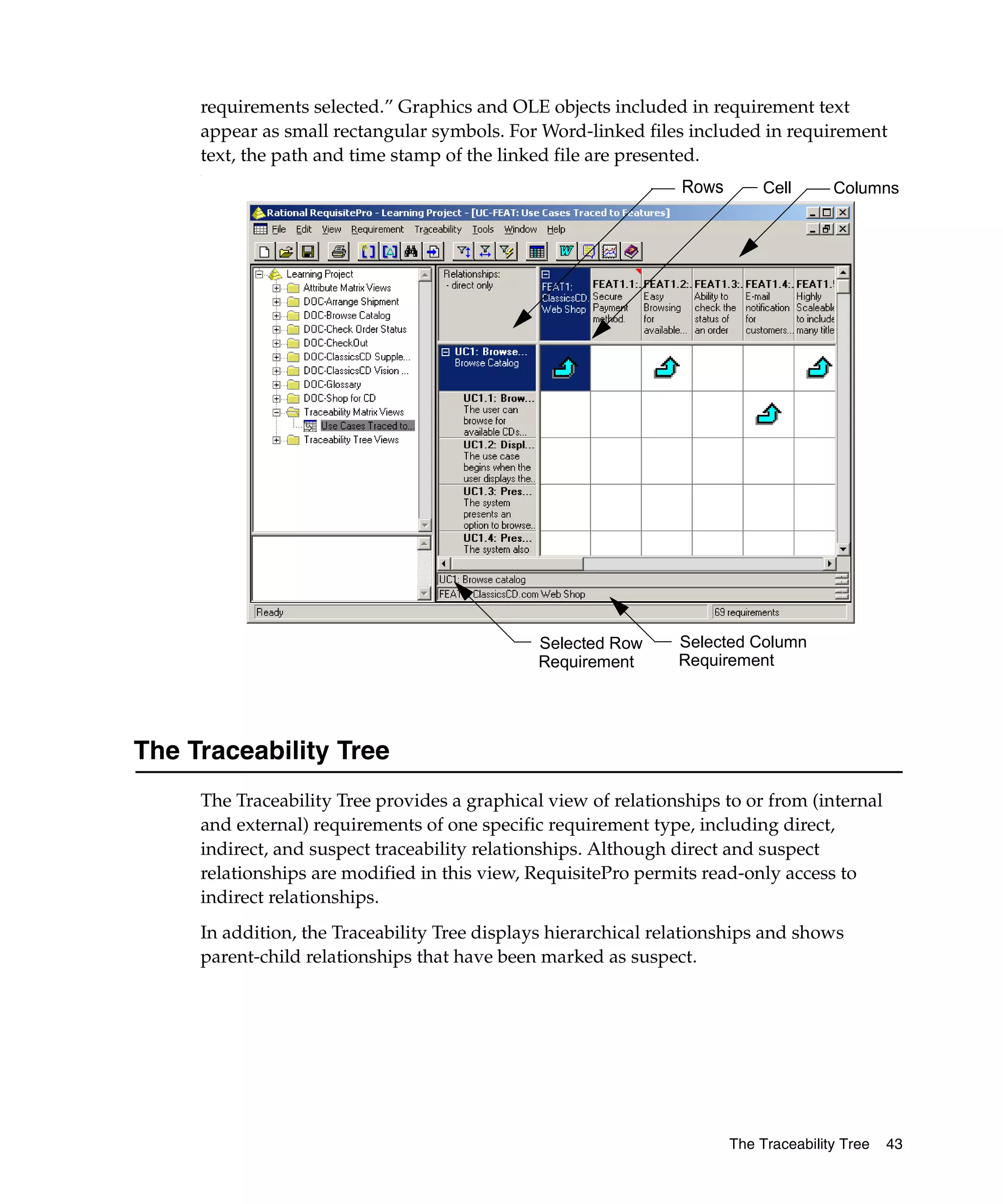 requirements selected.” Graphics and OLE objects included in requirement text
     appear as small rectangular symbols. For Word-linked files included in requirement
     text, the path and time stamp of the linked file are presented.
     .



                                                                Rows        Cell      Columns




                                               Selected Row     Selected Column
                                               Requirement      Requirement




The Traceability Tree
     The Traceability Tree provides a graphical view of relationships to or from (internal
     and external) requirements of one specific requirement type, including direct,
     indirect, and suspect traceability relationships. Although direct and suspect
     relationships are modified in this view, RequisitePro permits read-only access to
     indirect relationships.
     In addition, the Traceability Tree displays hierarchical relationships and shows
     parent-child relationships that have been marked as suspect.




                                                                       The Traceability Tree   43
 