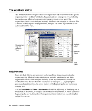 The Attribute Matrix
         The Attribute Matrix is a spreadsheet-like display that lists requirements of a specific
         requirement type and their attributes. Requirements are arranged in rows, listed by
         tag number and followed by requirement name (or requirement text, if the
         requirement has not been assigned a name). Attributes are arranged in columns. The
         Attribute Matrix displays all requirements, and you can create requirements in the
         database from this view.




                                                                                         Attribute
          Requirement
                                                                                         Label
          Tag and
          Name or
          Text
                                                                                         Attribute
                                                                                         Value




                                                                                         Text
                                                                                         Pane



Requirements
         In an Attribute Matrix, a requirement is displayed in a single row, showing the
         requirement tag followed by the requirement name (or requirement text if the
         requirement has not been assigned a name). When requirement text exceeds the
         width of the row, the last character is followed by an ellipsis (...), signifying the
         presence of additional text. An arrow marker at the beginning of a row indicates a
         selected row.
         An * and <Click here to create a requirement> marks the beginning of the empty row at
         the bottom of the matrix, where you can insert a new requirement. A pencil icon at the
         beginning of a row indicates that the requirement information you are entering has
         not yet been saved.




40   Chapter 4 - Working in Views
 
