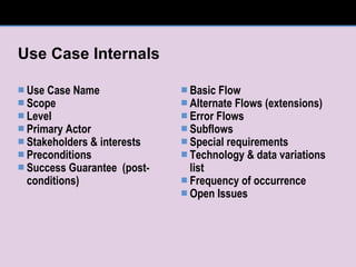 Use Case Internals Use Case Name Scope Level Primary Actor Stakeholders & interests Preconditions Success Guarantee  (post-conditions) Basic Flow Alternate Flows (extensions) Error Flows Subflows Special requirements Technology & data variations list Frequency of occurrence Open Issues 