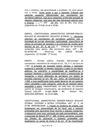 civis e militares, não generalizando a proibição, tal como parece
crer a inicial. Tanto assim é que o Supremo Tribunal tem
admitido aumentos diferenciados dos vencimentos dos
servidores públicos, seja para compensar preterição passada de
algumas categorias, seja para dar-lhes hierarquia salarial nova
e diversa. (...).‟”. (STF - ADI 603, voto do Min. Eros Grau,
julgamento em 17-8-06, DJ de 6-10-06)



EMENTA: - CONSTITUCIONAL. ADMINISTRATIVO. SERVIDOR PÚBLICO:
REAJUSTE DE VENCIMENTOS: REAJUSTES SETORIAIS. I. - Reajustes
setoriais de vencimentos de servidores públicos com a
finalidade de corrigir distorções: legitimidade. Inocorrência de
ofensa ao princípio da isonomia e ao princípio da revisão geral
inscrita no art. 37, X, da C.F. II. - Embargos de declaração
conhecidos como agravo. Não provimento deste. (STF - RE-
ED 307302/MG     -    Relator(a):     Min.   CARLOS     VELLOSO
Julgamento: 22/10/2002 – 2º Turma)


EMENTA - Servidor público: reajustes diferenciados de
vencimentos: inexistência de violação ao art. 153, § 1º, da Carta de
1.969. O princípio da isonomia jamais obrigou o legislador
ordinário a conceder os mesmos reajustes a todos os servidores
públicos. Ao contrário: a possibilidade de modificar-se a
qualquer momento a relação existente entre a remuneração de
categorias e níveis diferentes de servidores era objeto de
previsão expressa no art. 98, par. único, da Constituição de
1.969, e essa modificação tanto podia decorrer de um aumento
maior concedido a uma categoria, como de um reajuste menor
concedido a outra. Impossibilidade, em todo caso, da extensão
judicial de vantagem remuneratória, sob fundamento de isonomia
(Súmula 339).(STF - AI-AgR 138200 / MG            - Relator: Min.
SEPÚLVEDA PERTENCE - DJ 24-03-2000)


CONSTITUCIONAL. ADMINISTRATIVO. SERVIDOR PÚBLICO. REAJUSTE
SETORIAL. EXTENSÃO A OUTRAS CATEGORIAS. ART. 37, X, DA
CF/88. IMPOSSIBILIDADE. 1. Fixado na instância de origem, com
fundamento em interpretação de lei local, que o reajuste
pretendido pelo agravante ficou restrito a algumas categorias,
é impossível rever essa conclusão em sede extraordinária, ante
o enunciado da Súmula STF nº. 280. Inviável, portanto, conceder
aos filiados do agravante o aumento pretendido com
fundamento na norma do inciso X do art. 37 da Constituição

                    Página 16 de 19
 