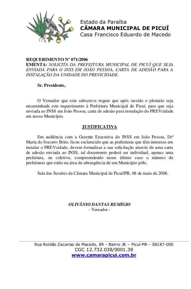 REQUERIMENTO 071-2006-OLIVÃNIO - CARTA DE ADESÃO