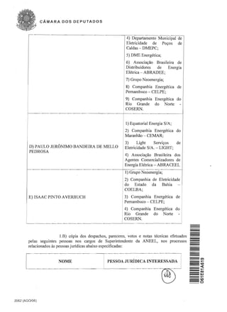 CAMARA DOS DEPUTADOS



                                                             4) Departamento Municipal de
                                                             Eletricidade de Por;;os de
                                                             Caldas - DMEPC;
                                                             5) DME Energetica;
                                                             6) Associar;;ao Brasileira de
                                                             Distribuidores  de    Energia
                                                             Etetrica - ABRADEE;
                                                             7) Grupo Neoenergia;
                                                             8) Companhia Energetica de
                                                             Pernambuco - CELPE;
                                                             9) Companhia Energetica do
                                                             Rio Grande do Norte ­
                                                             COSERN.


                                                             1) Equatorial Energia S/A;
                                                             2) Companhia Energetica do
                                                             Maranhao - CEMAR;
                                                             3)     Light    Servir;;os de
        D) PAULO JERONIMO BANDEIRA DE MELLO                  Eletricidade S/A. - LIGHT;
        PEDROSA
                                                            4) Associar;;ao Hrasileira dos
                                                            Agentes Comercializadores de
                                                            Energia Eletrica - ABRACEEL
                                                             1) Grupo Neoenergia;
                                                            2) Companhia de Eletricidade
                                                            do Estado da Bahia ­
                                                            COELBA;
        E) ISAAC PINTO A VERBUCH                            3) Companhia Energetica de
                                                            Pernambuco - CELPE;
                                                            4) Companhia Energetica do
                                                            Rio Grande do Norte ­
                                                            COSERN.



                          1.B) copia dos despachos, pareceres, votos e notas tecnicas efetuados
        pelas seguintes pessoas nos cargos de Superintendente da ANEEL, nos processos
        relacionados as pessoas jurfdicas abaixo especificadas:


                        NOME                       PESSOA JURlDICA INTERESSADA




2062 (AGO/06)
 
