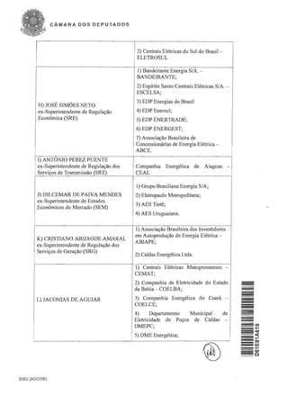 CAMARA DOS DEPUTADOS




                                               2) Centrais EIetricas do SuI do Brasil ­
                                               ELETROSUL

                                              1) Bandeirante Energia SfA. -
                                              BANDElRANTE;
                                              2) Espfrito Santo Centrais Eletricas SfA. ­
                                              ESCELSA;
                                              3) EDP Energias do Brasil
         H) JOSE SIMOES NETO
        ex-Superintendente de Regulayao       4) EDP Enersul;
        Economica (SRE)                       5) EDP ENERTRADE;
                                              6) EDP ENERGEST;
                                              7) Associayao Brasileira de
                                              Concessiomirias de Energia Eletrica ­
                                              ABC£;
        I) ANTONIO PEREZ PUENTE
        ex-Superintendente de Regulayao dos   Companhia       Energetica   de   Alagoas     -
        Serviyos de Transmissao (SRT)         CEAL

                                              1) Grupo Brasiliana Energia SfA;
        1) DILCEMAR DE PAIVA :MENDES          2) Eletropaulo Metropolitana;
        ex-Superintendente de Estudos
                                              3) AES Tiete;
        Economicos do Mercado (SEM)
                                              4) AES Uruguaiana.


                                              1) Associayao Brasileira dos Investidores
                                              em Autoproduyao de Energia Eletrica ­
        K) CRISTIANO ABIJAODE AMARAL
                                              ABIAPE;
        ex-Superintendente de Regulayao dos
        Serviyos de Gerayao (SRG)
                                              2) Caldas Energetica Ltda.

                                              1) Centrais Eietricas Matogrossenses ­
                                              CEMAT;
                                              2) Companhia de E1etricidade do Estado
                                              da Bahia - COELBA;

        L) JACONIAS DE AGUIAR 
               3) Companhia Energetica do Ceara ­
                                              COELCE;
                                              4)     Departamento  Municipal  de
                                              Eletricidade de POyOS de Caldas ­                 -
                                                                                                ;;;;;;;;;;;;;;;

                                              D:MEPC;
                                              5) DME Energetica;




2D62 (AGO/D6)
 