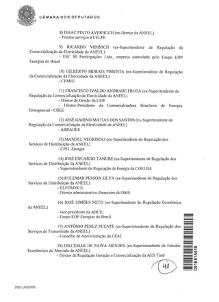 CAMARA DOS DEPUTADOS



                        8) ISAAC PINTO AVERBUCH (ex-Diretor da ANEEL)
                        - Prestou serviyos it CELPE

                          9) RICARDO VIDINICH (ex-Superitendente de Regula y30 da 

         Comercializay3o da Eletricidade da ANEEL) 

                          - ESC 90 Participayoes Ltda., empresa controlada pelo Grupo EDP 

         Energias do Brasil 


                          10) GILBERTa MORAIS PIMENTA (ex-Superitendente de Regulay30 

         da Comercializay3o da Eletricidade da ANEEL) 

                         - CEMIG 


                        11) FRANCISCO IVALDO ANDRADE FROTA (ex-Superitendente de
        Regulay30 da ComerciaJizay3o da Eletricidade da ANEEL)
                        - Diretor de Gestfio da CEB
                        - Diretor-Presidente da Comercializadora Brasileira de Energia
        Emergencial - CBEE

                       12) JOSE GABINO MATIAS DOS SANTOS (ex-Superitendente de 

        Regulay30 da Comercializay3o da Eletricidade da ANEEL) 

                       -ABRADEE 


                          13) MANOEL NEGRISOLI (ex-Superitendente de Regulay30 dos
        Serviyos de Distribuiy30 da ANEEL)
                          - CPFL Energia

                          14) JOSE EDUARDO TANURE (ex-Superitendente de ReguJay30 dos
        Serviyos de Distribuiy30 da ANEEL)
                          - Superintendente de Regulay30 de Energia da COELBA

                          15) RULEMAR PESSOA SILVA (ex-Superitendente de Regulay30 dos
        Serviyos de Distribuiy30 da ANEEL)
                          -ELETROSUL
                          - Diretor administrativo-financeiro do DME

                       16) JOSE SIMOES NETO (ex-Superitendente de Regulay30 Economica
        da ANEEL)
                       - vice-presidente da ABCE;
                       - Grupo EDP Energias do Brasil

                         17) ANTONIO PEREZ PUENTE (ex-Superintendente de RegulaC;3o dos
        Serviyos de Transmiss30 da ANEEL)
                         - Conselho de Administray30 da CEAL                              ­-
                       18) DILCEMAR DE PAIVA MENDES (ex-Superintendente de Estudos
        Economicos do Mercado da ANEEL)
                       - Diretor de Regulay30 Geray30 e Comercializay30 da AES Tiete




2062 (AGOI06)
 