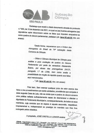 =: | Subseção
e | Olímpia
SÃO PAULO
Esclareço que recebi O citado documentoatravés do protocolo
n.º 908, de 10 de dezembro...