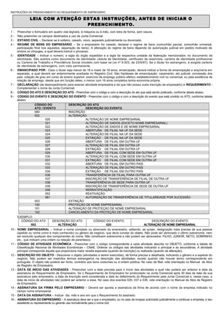INSTRUÇÕES DE PREENCHIMENTO DO REQUERIMENTO DE EMPRESÁRIO
LEIA COM ATENÇÃO ESTAS INSTRUÇÕES, ANTES DE INICIAR O
PREENCHIMENTO.
1 - Preencher o formulário em quatro vias legíveis, à máquina ou à mão, com letra de forma, sem rasura.
2 - Não preencher os campos destinados a uso da Junta Comercial.
3 - ESTADO CIVIL – Declarar se é solteiro, casado, viúvo, separado judicialmente ou divorciado.
4 - REGIME DE BENS DO EMPRESÁRIO – Se o empresário for casado, declarar o regime de bens (comunhão parcial, comunhão universal,
participação final nos aquestos, separação de bens). A alteração do regime de bens depende de autorização judicial em pedido motivado de
ambos os cônjuges, a qual deverá instruir o processo.
5 - IDENTIDADE – Indicar o número, a sigla do órgão expedidor e a sigla da respectiva unidade da federação mencionados no documento de
identidade. São aceitos como documento de identidade: cédula de identidade, certificado de reservista, carteira de identidade profissional
ou Carteira de Trabalho e Previdência Social (modelo com base na Lei nº 9.503, de 23/9/97). Se o titular for estrangeiro, é exigida carteira
de identidade de estrangeiro, com visto permanente.
6 - EMANCIPADO POR - Caso o titular seja menor de 18 e maior de 16 anos, emancipado, deverá indicar a forma de emancipação e arquivá-la em
separado, a qual deverá ser anteriormente averbada no Registro Civil. São hipóteses de emancipação: casamento; ato judicial; concessão dos
pais; colação de grau em curso de ensino superior; exercício de emprego público efetivo; estabelecimento civil ou comercial, ou pela existência de
relação de emprego, desde que em função deles, o menor com 16 anos completos tenha economia própria.
7 - DECLARAÇÃO (de desimpedimento para exercer atividade empresária e de que não possui outra inscrição de empresário) e REQUERIMENTO -
Complementar o nome da Junta Comercial.
8 - CÓDIGO DO ATO E DESCRIÇÃO DO ATO - Preencher com o código e com a descrição do ato que está sendo praticado, conforme tabela abaixo.
9 - CÓDIGO DO EVENTO E DESCRIÇÃO DO EVENTO - Preencher com o código e com a descrição do evento que está contido no ATO, conforme tabela
abaixo.
CÓDIGO DO
ATO / EVENTO
DESCRIÇÃO DO ATO
DESCRIÇÃO DO EVENTO
080 INSCRIÇÃO
002 ALTERAÇÃO
020 ALTERAÇÃO DE NOME EMPRESARIAL
021 ALTERAÇÃO DE DADOS (EXCETO NOME EMPRESARIAL)
022 ALTERAÇÃO DE DADOS E DE NOME EMPRESARIAL
023 ABERTURA DE FILIAL NA UF DA SEDE
024 ALTERAÇÃO DE FILIAL NA UF DA SEDE
025 EXTINÇÃO DE FILIAL NA UF DA SEDE
026 ABERTURA DE FILIAL EM OUTRA UF
027 ALTERAÇÃO DE FILIAL EM OUTRA UF
028 EXTINÇÃO DE FILIAL EM OUTRA UF
029 ABERTURA DE FILIAL COM SEDE EM OUTRA UF
030 ALTERAÇÃO DE FILIAL COM SEDE EM OUTRA UF
031 EXTINÇÃO DE FILIAL COM SEDE EM OUTRA UF
032 ABERTURA DE FILIAL EM OUTRO PAÍS
033 ALTERAÇÃO DE FILIAL EM OUTRO PAÍS
034 EXTINÇÃO DE FILIAL EM OUTRO PAÍS
036 TRANSFERÊNCIA DE FILIAL PARA OUTRA UF
037 INSCRIÇÃO DE TRANSFERÊNCIA DE FILIAL DE OUTRA UF
038 TRANSFERÊNCIA DE SEDE PARA OUTRA UF
039 INSCRIÇÃO DE TRANSFERÊNCIA DE SEDE DE OUTRA UF
048 RERRATIFICAÇÃO
052 REATIVAÇÃO
961 AUTORIZAÇÃO DE TRANSFERÊNCIA DE TITULARIDADE POR SUCESSÃO
003 EXTINÇÃO
150 PROTEÇÃO DE NOME EMPRESARIAL
151 ALTERAÇÃO DE PROTEÇÃO DE NOME EMPRESARIAL
152 CANCELAMENTO DA PROTEÇÃO DE NOME EMPRESARIAL
EXEMPLO:
CÓDIGO DO ATO DESCRIÇÃO DO ATO CÓDIGO DO EVENTO DESCRIÇÃO DO EVENTO
002 ALTERAÇÃO 020 ALTERAÇÃO DE NOME EMPRESARIAL
10 - NOME EMPRESARIAL – Indicar o nome completo ou abreviado do empresário, aditando, se quiser, designação mais precisa de sua pessoa
(apelido ou nome como é mais conhecido) ou gênero de negócio, que deve constar do objeto. Não pode ser abreviado o último sobrenome, nem
ser excluído qualquer dos componentes do nome. Não constituem sobrenome e não podem ser abreviados: FILHO, JÚNIOR, NETO, SOBRINHO
etc., que indicam uma ordem ou relação de parentesco.
11 - CÓDIGO DE ATIVIDADE ECONÔMICA - Preencher com o código correspondente a cada atividade descrita no OBJETO, conforme a tabela de
Classificação Nacional de Atividades Econômicas – CNAE. Ordenar os códigos das atividades indicando a principal e as secundárias. A atividade
principal corresponde àquela que proporciona maior receita esperada (quando da inscrição) ou realizada (quando da alteração).
12 - DESCRIÇÃO DO OBJETO - Descrever o objeto (atividades a serem exercidas), de forma precisa e detalhada, indicando o gênero e a espécie do
negócio. Não podem ser inseridos termos estrangeiros na descrição das atividades, exceto quando não houver termo correspondente em
português. O objeto não poderá ser ilícito, contrário aos bons costumes ou à ordem pública. No caso de filial, vide orientação no Manual de Atos
de Registro de Empresário.
13 - DATA DE INÍCIO DAS ATIVIDADES - Preencher com a data prevista para o início das atividades a qual não poderá ser anterior à data da
assinatura do Requerimento de Empresário. Se o Requerimento de Empresário for protocolado na Junta Comercial após 30 dias da data da sua
assinatura pelo empresário, a data da Inscrição será considerada a data do deferimento do Requerimento pela Junta Comercial e, nesse caso, a
data de início de atividades não poderá ser anterior a essa. No caso dos eventos 029, 037 e 039, vide orientação no Manual de Atos de Registro
de Empresário.
14 - ASSINATURA DA FIRMA PELO EMPRESÁRIO – Deverá ser aposta a assinatura da firma de acordo com o nome da empresa indicado no
campo nome empresarial.
15 - DATA DA ASSINATURA – Indicar dia, mês e ano em que o Requerimento foi assinado.
16 - ASSINATURA DO EMPRESÁRIO – A assinatura deve ser a que o empresário, ou no caso de incapaz autorizado judicialmente a continuar a empresa, e seu
assistente ou representante ou gerente usa normalmente para o nome civil.
 