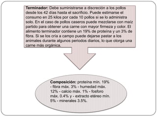 Terminador: Debe suministrarse a discreción a los pollos
desde los 42 días hasta el sacrificio. Puede estimarse el
consumo en 25 kilos por cada 10 pollos si se lo administra
solo. En el caso de pollos caseros puede mezclarse con maíz
partido para obtener una carne con mayor firmeza y color. El
alimento terminador contiene un 19% de proteína y un 3% de
fibra. Si se los cría a campo puede dejarse pastar a los
animales durante algunos periodos diarios, lo que otorga una
carne más orgánica.

Composición: proteína mín. 19%
- fibra máx. 3% - humedad máx.
12% - calcio máx. 1% - fosforo
máx. 0.4% y - extracto etéreo mín.
5% - minerales 3.5%.

 