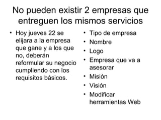 No pueden existir 2 empresas que entreguen los mismos servicios Hoy jueves 22 se elijara a la empresa que gane y a los que no, deberán reformular su negocio cumpliendo con los requisitos básicos. Tipo de empresa Nombre Logo Empresa que va a asesorar Misión  Visión  Modificar herramientas Web 