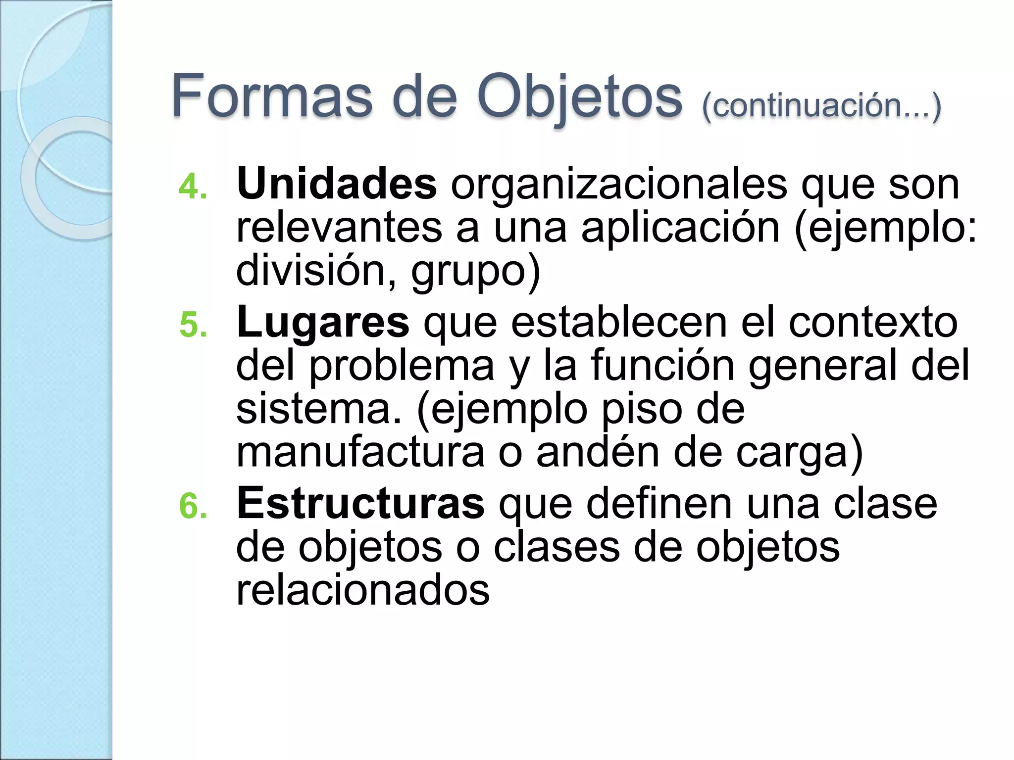 Formas de Objetos (continuación...)
4. Unidades organizacionales que son
relevantes a una aplicación (ejemplo:
división, grupo)
5. Lugares que establecen el contexto
del problema y la función general del
sistema. (ejemplo piso de
manufactura o andén de carga)
6. Estructuras que definen una clase
de objetos o clases de objetos
relacionados
 