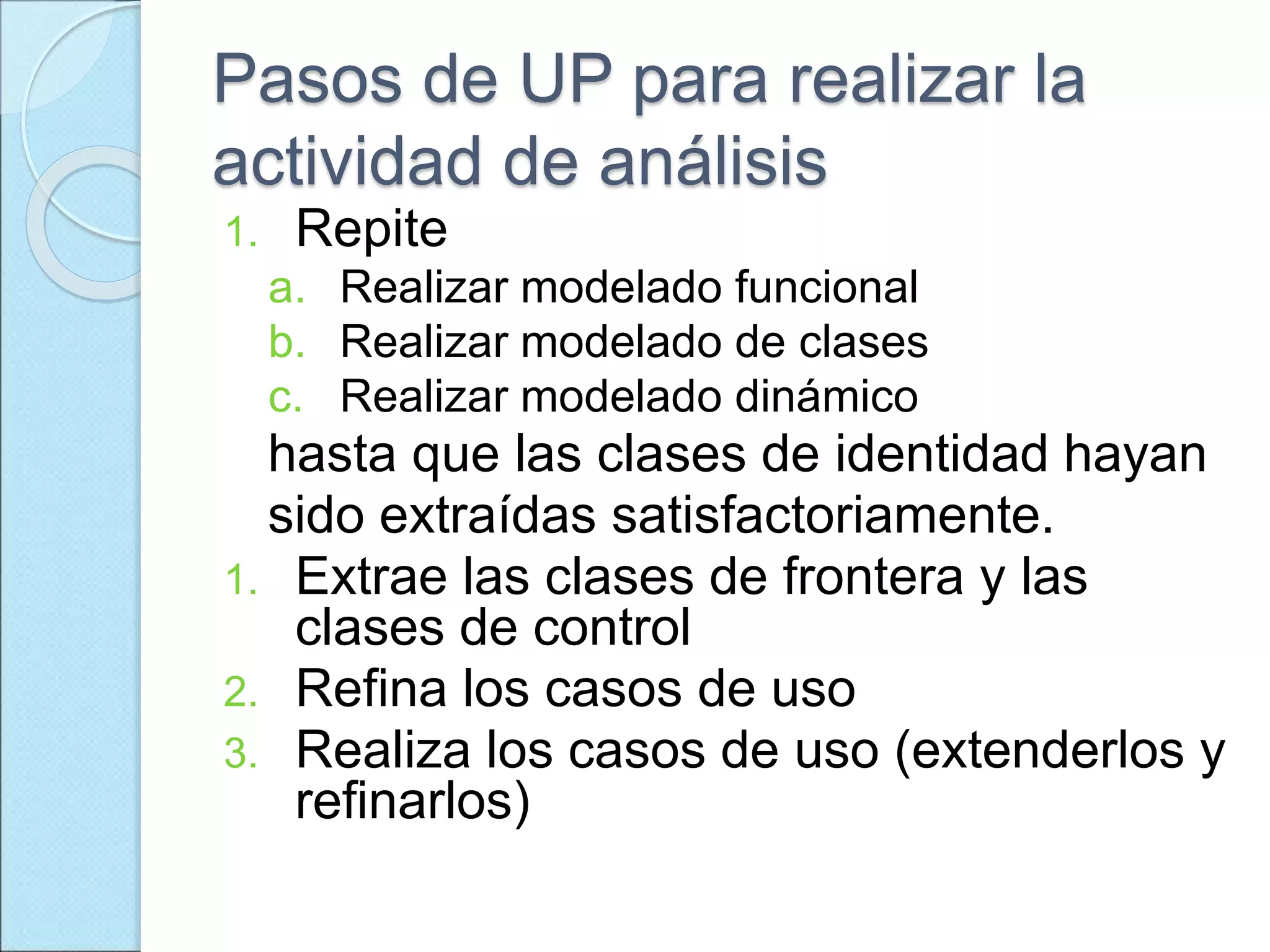Pasos de UP para realizar la
actividad de análisis
1. Repite
a. Realizar modelado funcional
b. Realizar modelado de clases
c. Realizar modelado dinámico
hasta que las clases de identidad hayan
sido extraídas satisfactoriamente.
1. Extrae las clases de frontera y las
clases de control
2. Refina los casos de uso
3. Realiza los casos de uso (extenderlos y
refinarlos)
 