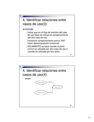 14

4. Identificar relaciones entre
casos de uso(3)
 Include
Indica que en el flujo de eventos del caso
de uso base se incluye el comportamiento
del otro caso de uso.
Factorizar comportamiento común (NO
hacer descomposición funcional).
SOLAMENTE se hace cuando la parte
común es utilizada por otro caso de uso o
cuando es utilizada por otro actor.

4. Identificar relaciones entre
casos de uso(4)
Include
 