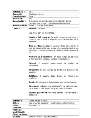 Referencia : RI.1
Requisito : Registrar clientes
Complejidad: Baja
Prioridad: Alta
Descripción : El sistema permitirá administrar (CRUD) de los
usuarios que tengan relación con el aplicativo.
Prerrequisitos Hacer LOGIN en el sistema
Datos : Entidad: usuarios
Los datos son los siguientes.
Nombre Del Usuario: En este campo se colocara el
nombre con el cual el usuario será identificado en el
sistema.
Tipo de Documento: El usuario debe seleccionar el
tipo de documento que tenga: si es cedula, tarjeta de
identidad, cedula extranjera, registro civil, pasaporte
etc.
Número De Documento: En este campo se colocara
el número, Sin espacio, puntos, ni caracteres.
Cuidad: El usuario seleccionara la ciudad de
residencia.
Dirección: En este campo se digitara la dirección del
usuario.
Teléfono: El usuario debe digitar un número de
teléfono.
Email: Se colocara la dirección de correo electrónico.
Password: indicara una contraseña de determinados
caracteres por la seguridad y acceso a la cuenta.
Repetir password: con este campo se verificara la
password
Entrada : Datos de los clientes
Salida: Las usuarios quedaran registradas en el aplicativo
Fecha
creación
25/04/2013
Fecha de
modificación
Observaciones
Elaboro Sandra Rivera - David González
 