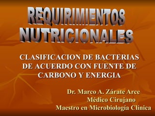 Dr. Marco A. Zárate Arce Médico Cirujano Maestro en Microbiología Clínica REQUIRIMIENTOS NUTRICIONALES CLASIFICACION DE BACTERIAS DE ACUERDO CON FUENTE DE CARBONO Y ENERGIA 