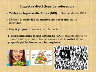 Ingestas dietéticas de referencia

o Tablas de ingestas dietéticas (DRI) utilizadas desde 1941.

o Definen la cantidad de nutrientes necesaria en un
  individuo.

o Hay 4 grupos de valores de referencia:

 1. Requerimiento medio estimado (EAR): ingesta diaria de
 un nutriente que cubre las necesidades de la mitad de un
 grupo de población sana y homogénea.



                                           ½
 