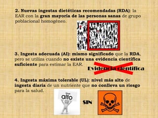 2. Nuevas ingestas dietéticas recomendadas (RDA): la
EAR con la gran mayoría de las personas sanas de grupo
poblacional homogéneo.




3. Ingesta adecuada (AI): mismo significado que la RDA,
pero se utiliza cuando no existe una evidencia científica
suficiente para estimar la EAR.
                                Evidencia científica

4. Ingesta máxima tolerable (UL): nivel más alto de
ingesta diaria de un nutriente que no conlleva un riesgo
para la salud.

                              SIN
 