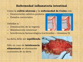 Enfermedad inflamatoria intestinal
Como la colitis ulcerosa y la enfermedad de Crohn con:
o Desnutrición calórico-proteica
o Estados carenciales

Debidas a:
o Disminución de la ingesta
o Malabsorción intestinal
o Interferencia farmacológica (corticoides – vitamina D)

La dieta debe ser equilibrada.

Sólo en caso de intolerancia
alimentaria se eliminarán
nutrientes de la dieta.
 