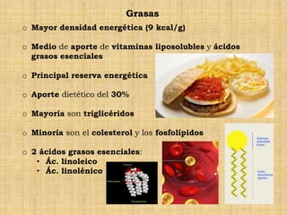 Grasas
o Mayor densidad energética (9 kcal/g)

o Medio de aporte de vitaminas liposolubles y ácidos
  grasos esenciales

o Principal reserva energética

o Aporte dietético del 30%

o Mayoría son triglicéridos

o Minoría son el colesterol y los fosfolípidos

o 2 ácidos grasos esenciales:
   • Ác. linoleico
   • Ác. linolénico
 