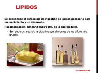 LIPIDOS 
Se desconoce el porcentaje de ingestión de lípidos necesario para 
un crecimiento y un desarrollo. 
Recomendación: Niños>2 años30% de la energía total. 
• Son seguras, cuando la dieta incluye alimentos de los diferentes 
grupos. 
EDAD PREESCOLAR 
 