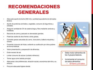 RECOMENDACIONES 
GENERALES 
• Adecuado aporte de leche (500 ml) o cantidad equivalente de derivados 
lácteos. 
• Aporte de proteínas animales y vegetales, consumo de legumbres y 
cereales. 
• Asegurar cantidad de CH de cadena larga y fibra mediante verduras y 
hortalizas. 
• Raciones de carne y pescado no demasiado grandes. 
• Potenciar aceite de oliva frente a otras grasas. 
• Controlar grasas saturadas de carne, charcutería, bollería industrial y 
snacks. 
• Fomentar consumo de frutas, evitando su sustitución por otros postres 
de forma habitual. 
• Variar presentación y preparación de alimentos. 
• Evitar exceso de sal. 
• Limitar consumo de azúcar (cuidado refrescos). 
• Tomar agua como bebida principal. 
• Adecuarse a las preferencias, situación social y económica del niño y su 
entorno. 
• Procurar adecuada higiene dental. 
• Debe incluir alimentos de 
los 5 grupos básicos. 
• Incrementar el consumo 
de estos alimentos: 
• El hierro y el calcio 
 