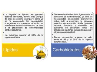• La ingesta de lípidos, en general, 
debería reducirse, sobre todo porque 
de ellos se obtiene energía y, como ya 
se ha comentado, las necesidades 
energéticas son menores. Además, es 
interesante reducir su consumo de cara 
a la prevención de enfermedades 
cardiovasculares. 
• 
• No deberían superar el 30% de la 
ingesta calórica. 
Lípidos 
• Se recomienda disminuir ligeramente el 
consumo de carbohidratos, ya que las 
necesidades energéticas disminuyen, 
sobre todo a expensas de azúcares 
sencillos de absorción rápida (glucosa, 
lactosa, fructosa) y mantener los 
azúcares de absorción lenta, los 
almidones (cadenas largas de glucosa y 
otros monosacáridos). 
• 
• Deben representar, a pesar de todo, 
entre el 55 y el 60% de la ingesta 
calórica total. 
Carbohidratos 
 