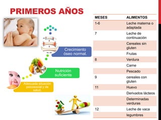 PRIMEROS AÑOS 
Adecuada situación 
psicosocial y de 
salud. 
Crecimiento 
óseo normal. 
Nutrición 
suficiente 
MESES ALIMENTOS 
1-6 Leche materna o 
adaptada 
7 Leche de 
continuación 
Cereales sin 
gluten 
Frutas 
8 Verdura 
Carne 
Pescado 
9 cereales con 
gluten 
11 Huevo 
Derivados lácteos 
Determinadas 
verduras 
12 Leche de vaca 
legumbres 
 