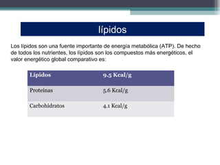 lípidos
Los lípidos son una fuente importante de energía metabólica (ATP). De hecho
de todos los nutrientes, los lípidos son los compuestos más energéticos, el
valor energético global comparativo es:

       Lípidos                      9.5 Kcal/g

       Proteínas                    5.6 Kcal/g

       Carbohidratos                4.1 Kcal/g
 