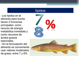 lípidos
- Los lípidos en el
alimento para trucha
tienen 2 funciones
principales: como
recurso de energía
metabólica inmediata y
como recursos de
ácidos grasos
esenciales.
- En la formulación del
alimento es conveniente
usar valores moderados
de grasa, entre 7 y 8%.
 