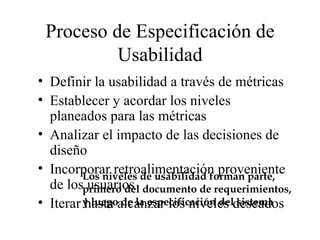 Proceso de Especificación de Usabilidad Definir la usabilidad a través de métricas Establecer y acordar los niveles planeados para las métricas Analizar el impacto de las decisiones de diseño Incorporar retroalimentación proveniente de los usuarios Iterar hasta alcanzar los niveles deseados Los niveles de usabilidad forman parte, primero del documento de requerimientos, y luego de la especificación del sistema 