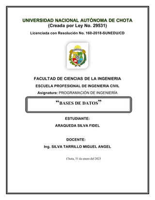 (Creada por Ley No. 29531)
Licenciada con Resolución No. 160-2018-SUNEDU/CD
FACULTAD DE CIENCIAS DE LA INGENIERIA
ESCUELA PROFESIONAL DE INGENIERIA CIVIL
Asignatura: PROGRAMACIÓN DE INGENIERÍA
ESTUDIANTE:
ARAQUEDA SILVA FIDEL
DOCENTE:
Ing. SILVA TARRILLO MIGUEL ANGEL
Chota, 31 de enero del 2023
“BASES DE DATOS”
 