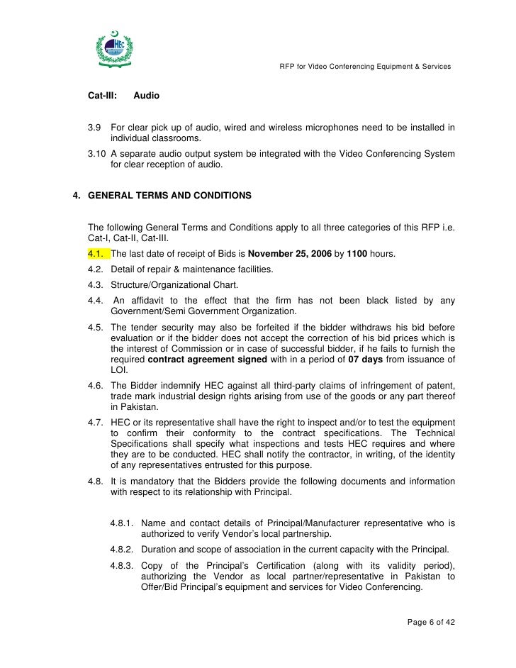 Request for Proposal (RFP) For Video Conferencing Equipment