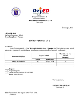 Request form 137 for grade 6 or transfer | DOCX