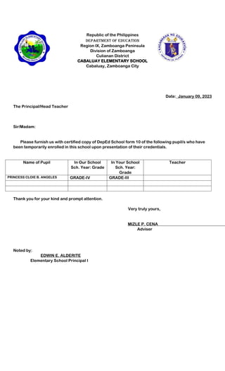 Republic of the Philippines
Department of Education
Region IX, Zamboanga Peninsula
Division of Zamboanga
Culianan District
CABALUAY ELEMENTARY SCHOOL
Cabaluay, Zamboanga City
Date:_January 09, 2023
The Principal/Head Teacher
Sir/Madam:
Please furnish us with certified copy of DepEd School form 10 of the following pupil/s who have
been temporarily enrolled in this school upon presentation of their credentials.
Name of Pupil In Our School
Sch. Year: Grade
In Your School
Sch. Year:
Grade
Teacher
PRINCESS CLOIE B. ANGELES GRADE-IV GRADE-III
Thank you for your kind and prompt attention.
Very truly yours,
MIZLE P. CENA
Adviser
Noted by:
EDWIN E. ALDERITE
Elementary School Principal I
 
